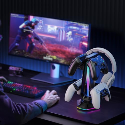 Gaming Headphones Stand with 12 Light Modes - Controller Holder for Desk, RGB Gaming Headset Stand with 2 USB Charging Ports - Supports Data Transfer, Earphone Hanger Accessories for Desktop Gamer
