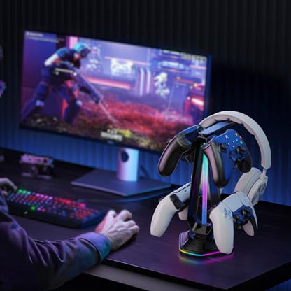 Gaming Headphones Stand with 12 Light Modes - Controller Holder for Desk, RGB Gaming Headset Stand with 2 USB Charging Ports - Supports Data Transfer, Earphone Hanger Accessories for Desktop Gamer