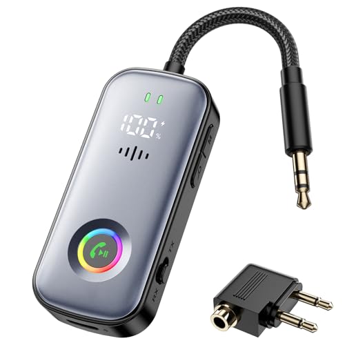 A6 Pro Bluetooth Receiver Transmitter,2-in-1 Wireless Audio Adapter for Airplane/TV/PC/Gym-Dual Link Headphone,Bluetooth Receiver for Car/Home Stereo,Low Latency,Battery Display,Built-in MIC