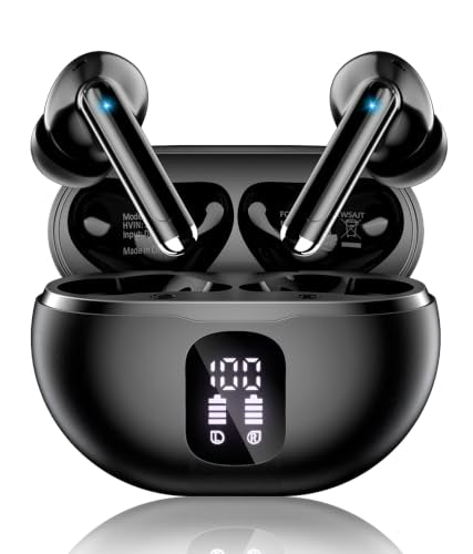 Wireless Earbuds, Bluetooth 5.4 Ear Buds Bass Stereo, Headphones with Noise Cancelling Mic, LED Display in Ear Earphones Clear Calls, IP7 Waterproof Bluetooth Earbuds for Phone/Android/iPad Dark Black - color: Dark Black