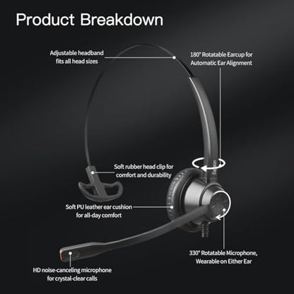 X1 Single Ear Office Headset with USB-C/A & 3.5mm - Noise Cancelling Mic, Inline Volume & Mute Control - Wired Call Center Headset for PC Laptop Phone Zoom Teams