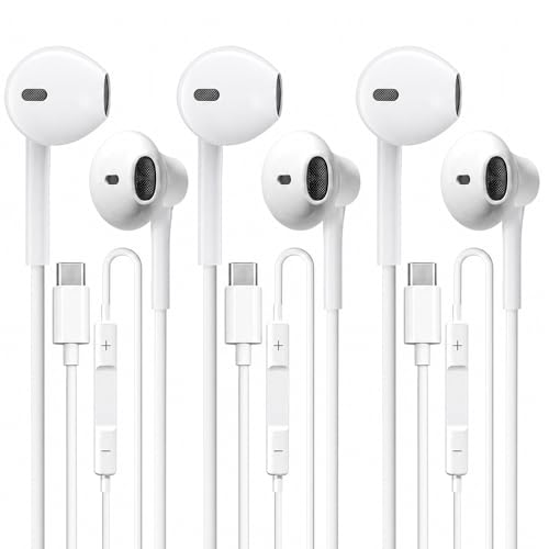 USB C Headphones 3 Pack,Type C Earphones for iPhone 17 16 15 Pro Max Plus iPad Pro Wired USB C Earbuds with Microphone & Remote Control Earphones for Samsung Galaxy S26 S25 S24 Google Pixel