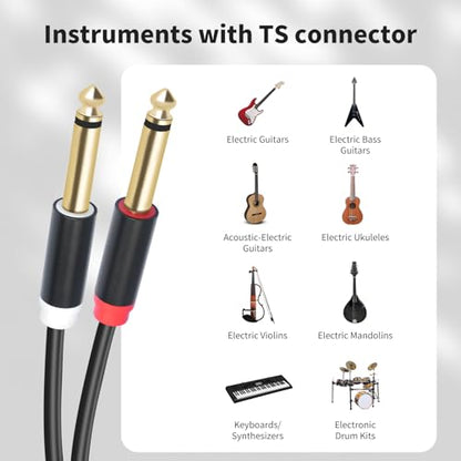 Dual 1/4 TS to Dual RCA Stereo Audio Interconnect Cable 5FT, Gold Plated Copper Shell Heavy Duty 2X6.35mm Male TS to 2 RCA Male Adapter Cable - size: 5FT