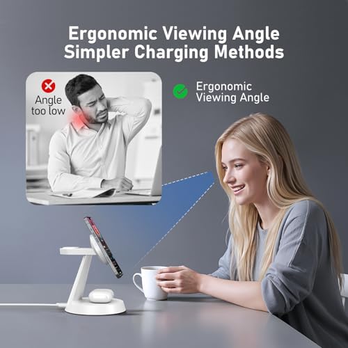 iPhone Charging Station 3 in 1 Wireless Charger for Apple Devices, 15W MagSafe Stand Compatible with iPhone 17 16 15 14 13 12 Pro Max Plus, Charging Dock for AirPods 4 3 2 & iWatch Series (White) - color: White
