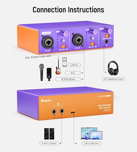 USB C Audio Interface for Recording Music, Streaming, Podcasting with Dual XLR, Line Input, 24bit/48kHz, 48V Phantom Power, 2-channel, Purple
