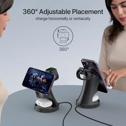 3 in 1 Wireless Charging Station for Apple Devices,Magsafe Charger for IPhone17 16 15 14 13 12 Pro/Max/Plus/Mini Wireless Charger Station for AirPods 2/3/4/Pro iWatch Ultra11/10/9/8/7/SE/6/5/4/3/2 - color: Black