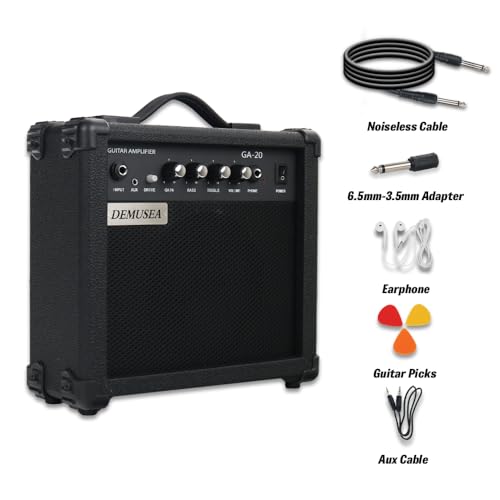 Electric Guitar Amplifier 20w Guitar Amp Starter Beginner Practice Small Portable Travel Headphone Aux Distortion Gain Treble Bass Volume Noiseless Cable Adapter Pick Aux Cable Earphone (BK) - color: Black