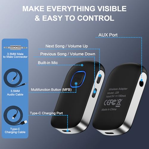 Car Bluetooth Receiver 3.5mm AUX for iPhone 17e 17 Pro Max/16 Plus Pro 15 | Bluetooth Car Adapter Portable, Wireless Audio Receiver for Home Stereo/Wired Headphones,Hands-Free Call,16H Battery Life