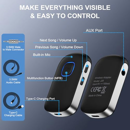 Car Bluetooth Receiver 3.5mm AUX for iPhone 17e 17 Pro Max/16 Plus Pro 15 | Bluetooth Car Adapter Portable, Wireless Audio Receiver for Home Stereo/Wired Headphones,Hands-Free Call,16H Battery Life