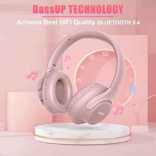 KVIDIO Bluetooth Headphones Over Ear, 65 Hours Playtime Wireless Headphones with Microphone, Foldable Lightweight Headset with Bass and Stereo Sound Low Latency for Travel Work Cellphone - color: Pink