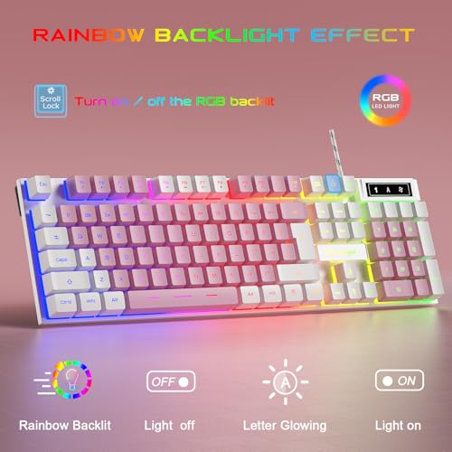 BlueFinger RGB Gaming Keyboard and Backlit Mouse and Headset Combo, USB Wired Backlit Keyboard, LED Gaming Mouse Set, Headset with Microphone for Laptop PC Computer Game and Work (White & Pink) - color: White & Pink