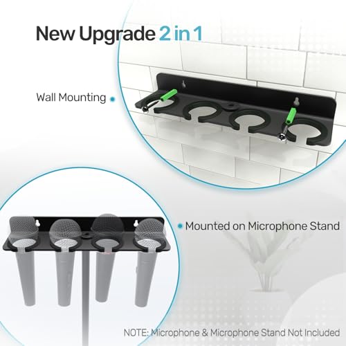 Multi Mic Holder for Stand, Wall Mount for 4 Handheld Wired/Wireless Mics | With Rubber Padding Protection, Fits 5/8"-27 & 3/8"-16 Thread Stand, Holds Up to 4 Dynamic Mics, Sturdy Mic Storage Organizer - size: Mic Holder UP to 4 (1 Set) - Black