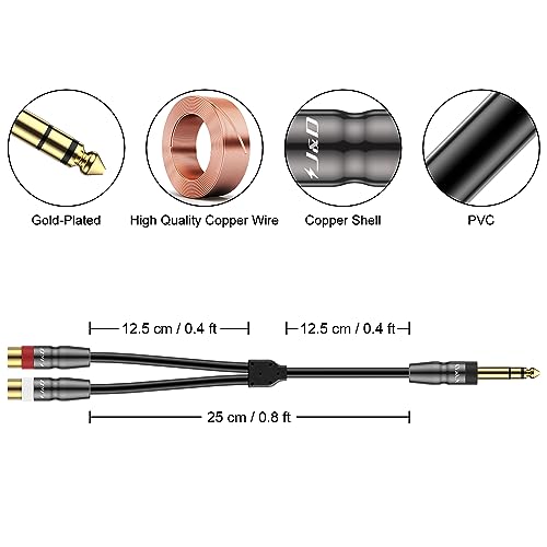 J&D 6.35 mm to 2RCA Cable, Heavy Duty Copper Shell Joint 6.35mm 1/4 inch Male TRS to 2 RCA Female Splitter Stereo Audio Adapter Cable, 0.8 Feet