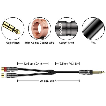 J&D 6.35 mm to 2RCA Cable, Heavy Duty Copper Shell Joint 6.35mm 1/4 inch Male TRS to 2 RCA Female Splitter Stereo Audio Adapter Cable, 0.8 Feet