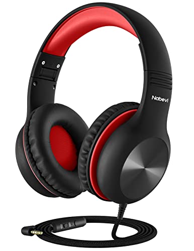 Nabevi Headphones for Kids for School, Kids Headphones with Microphone, Sharing Function, 85dB/94dB Safe Volume Limit, HD Sound, Over Ear Kid Headphone for School, On-line Study, Travel, Red - color: Red
