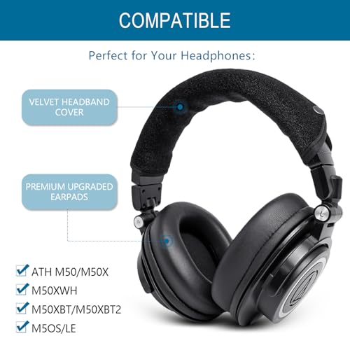 GEVO Replacement Ear Pads + Headband Cover Protector Compatible with Audio Technica ATH M50 M50X M50XBT M40X M30X M20X MSR7 SX1 Headphones, Repair Parts, No Tool Installation (Black)