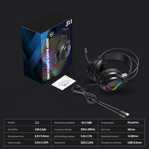 J11 Gaming Headset with Microphone, Noise Cancelling Gaming Headphones Compatible with PS4 PS5 Xbox One PC Laptop, Over-Ear Headset with LED RGB Light, 7.1 Stereo Surround Sound (Black) - color: Black