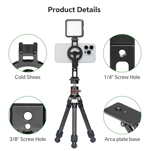 FANAUE Cell Phone Tripod Mount, Magnetic Aluminum Smartphone Stand Adapter with Cold Shoe Arca Swiss QR Base Plate,1/4" & 3/8'' Screw Phone Holder Mount for Video Live Streaming Vlogging
