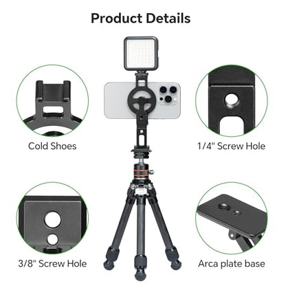 FANAUE Cell Phone Tripod Mount, Magnetic Aluminum Smartphone Stand Adapter with Cold Shoe Arca Swiss QR Base Plate,1/4" & 3/8'' Screw Phone Holder Mount for Video Live Streaming Vlogging