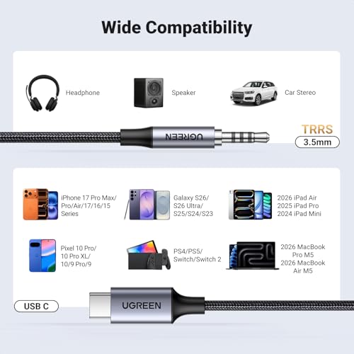 UGREEN USB C to Aux 3.5mm Car Audio Cable TRRS Male Headphone Cord 6.6FT - size: 6.6FT