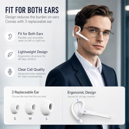 Hsility Bluetoth Earbuds with Mic for Office 270 Degree Rotatble Wireless Earbuds for Truck Driver - color: White