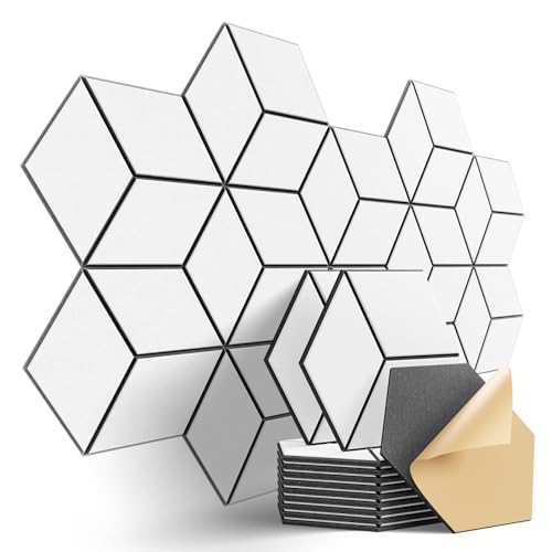 12-Pack Self-Adhesive Acoustic Panels 12" x 10" x 0.4" High-Density, Flame-Resistant Soundproof Foam. Absorbs Noise and Eliminates Echoes, Hexagonal 3D Design (White Face) - color: WhiteFace + BlackBase, size: Y-Cut Hexagon 12 Pack