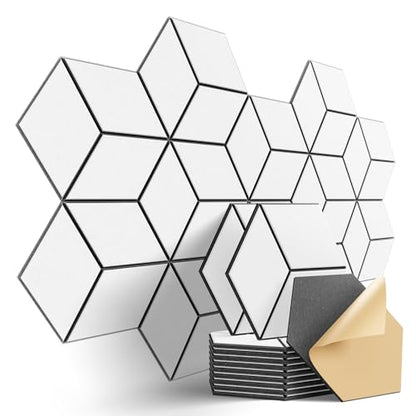 12-Pack Self-Adhesive Acoustic Panels 12" x 10" x 0.4" High-Density, Flame-Resistant Soundproof Foam. Absorbs Noise and Eliminates Echoes, Hexagonal 3D Design (White Face) - color: WhiteFace + BlackBase, size: Y-Cut Hexagon 12 Pack