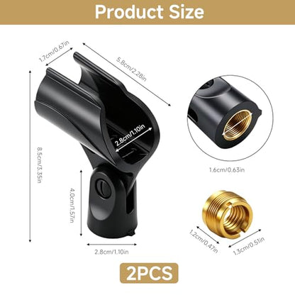 2-Pack Microphone Clip Holder，Adjustable Mic Clip with 5/8 to 3/8 Inch Screw Adapter, Universal Microphone Holder for Mic Stands and Wireless, Dynamic Mic Accessory