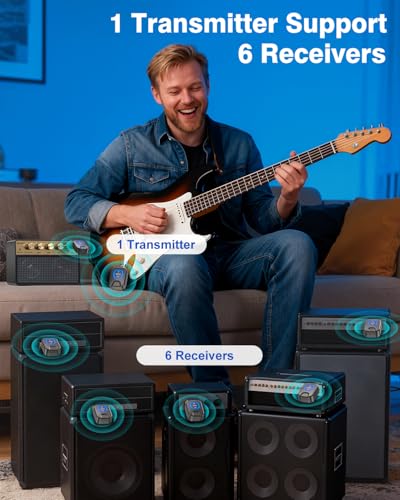 Wireless Guitar System 5.8GHz Charging Box 30H Work for Guitar Bass | 6 Channels,Wireless Guitar Transmitter Receiver for 6.35mm & 3.5mm Jacks & Active Pickup Instruments