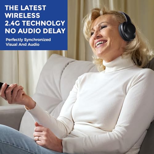 Wireless TV Headphones with Transmitterfor Seniors,Optical,RCA,AUX,USB,BK | 2.4GHz wireless TV headphones with 22ms low delay,dual-link phone sync,individual volume control,and universal compatibility.
