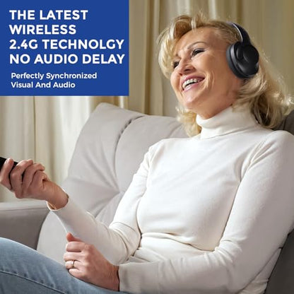 Wireless TV Headphones with Transmitterfor Seniors,Optical,RCA,AUX,USB,BK | 2.4GHz wireless TV headphones with 22ms low delay,dual-link phone sync,individual volume control,and universal compatibility.
