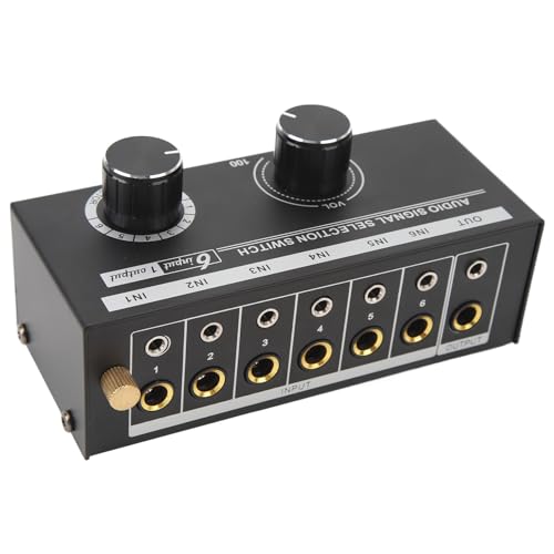 6 Input 1 Output Audio Switcher 6 in 1 Out Audio Selector Signal Selector No Power Required Gold Plated Metal 3.5mm .5mm Interfaces with Knob Switching for Phone Co
