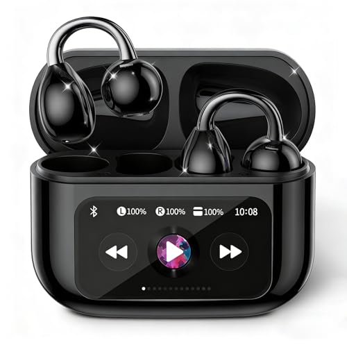 Piluyaa Clip-on Earbuds, Open Ear Earbuds with LCD Touchscreen Wireless Bluetooth 5.4, Lightweight M100 Open Ear Headphones with C-Shaped Bridge, Slim Hook,48H Battery, for Sports, Fitness (Black) - color: Black
