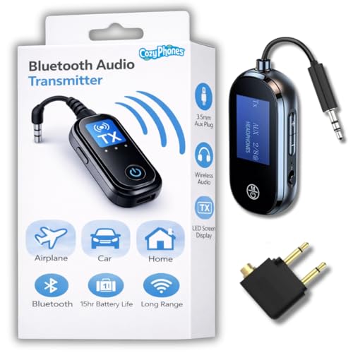 CozyPhones Bluetooth Audio Adapter for Airplane and Tablet Headphone Jacks – Wireless Transmitter for CozyPhones and Other Bluetooth Headphones – 3.5mm AUX Plug, Travel Essential