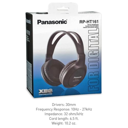 Panasonic Headphones, Lightweight Over The Ear Wired Headphones with Clear, Sound and XBS for Extra Bass, Long Cord, 3.5mm Jack for Phones and Laptops – RP-HT161-K (Black) - size: 4.1 x 7.2 x 7.6 inches (Pack of 1), style: Over Ear - No Mic