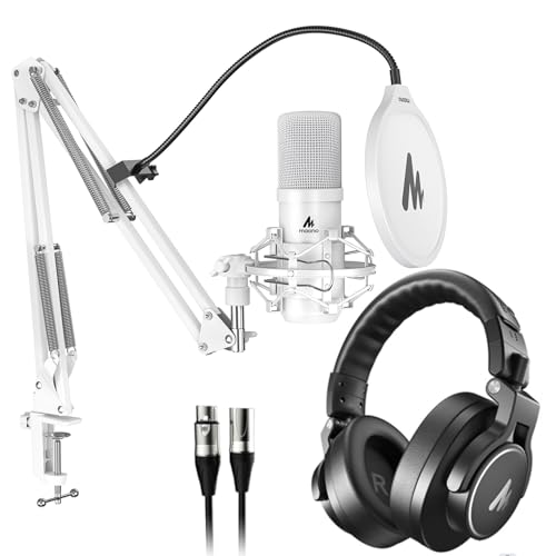 MAONO USB XLR Condenser Microphone with Headphones: PC Computer Podcast Cardioid Metal Mic Kit for Recording, Studio, Singing, YouTube (A04 Gen2 White+MH700+XLR Cable)