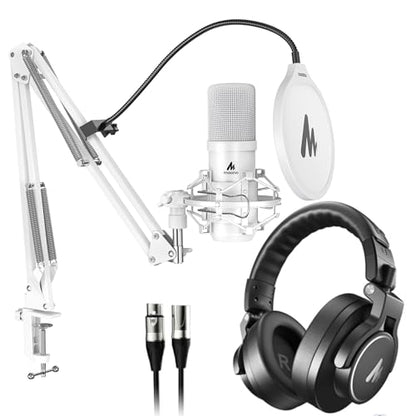 MAONO USB XLR Condenser Microphone with Headphones: PC Computer Podcast Cardioid Metal Mic Kit for Recording, Studio, Singing, YouTube (A04 Gen2 White+MH700+XLR Cable)