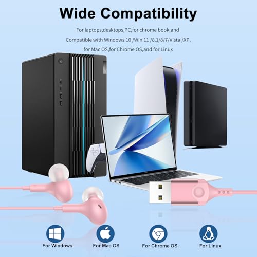 USB Earbuds with Microphone for PC Laptop,Wired USBA Headset,Pink | in Ear Buds Noise Isolating Light Laptop Earphones,Headphones with Mic for Dell HP Computer PC Office Zoom Work Gaming School - color: Pink