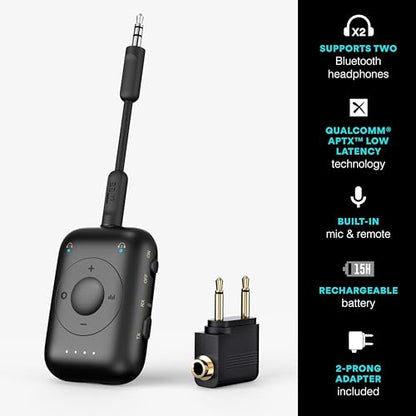 MEE audio Connect Air Pro (2 PACK) Bluetooth Wireless Audio Transmitter & Receiver for AirPods or Bluetooth Headphones, 2-in-1 Adapter with Detachable Cable for 3.5mm devices on Airplanes, Black&White - color: 2PK Black+White, style: Connect Air Pro