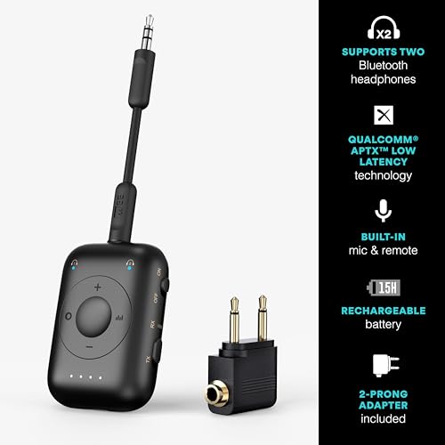 MEE audio Connect Air Pro Bluetooth Wireless Audio Transmitter & Receiver for AirPods or Bluetooth Headphones, 2-in-1 Adapter with Detachable Cable 3.5mm Aux Audio Jack for Airplanes, Auto, Gym, Black - color: Black, style: Connect Air Pro