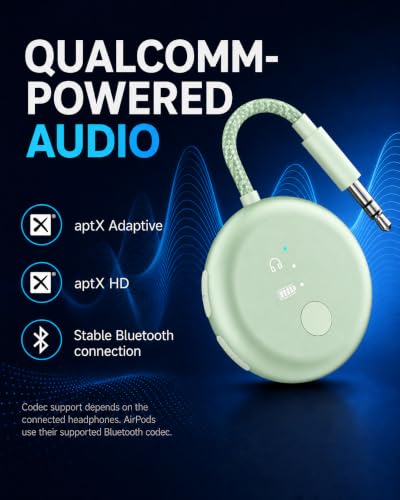 Avantree SoundJet R1 - Airplane Bluetooth Adapter for AirPods, 25H | Qualcomm aptX Adaptive & HD, dual-headphone pairing, 25-hour battery, USB-C charging, and single/dual airline plugs - color: 4. Green