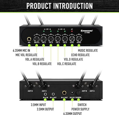 Wireless Microphone System Karaoke 4 Channel UHF Cordless Handheld Dynamic Mic with Bluetooth Receiver Box + Volume Control Echo Mic Work Range 165ft for Karaoke PA System DJ Mixer Party - size: 4 Channel UHF Cordless Handheld Dynamic Mic