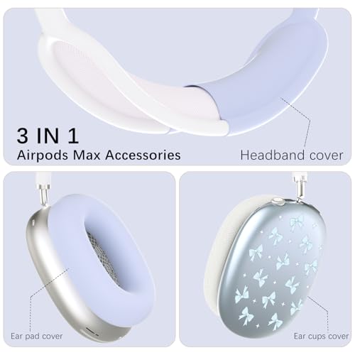 Silicone Case Cover for AirPods Max Headphones, Clear Blue Bows Soft TPU Ear Cups Cover/Ear Pad Case Cover/Headband Cover for AirPods Max (2024/2020), Blue - color: Blue Bow_B/Blue