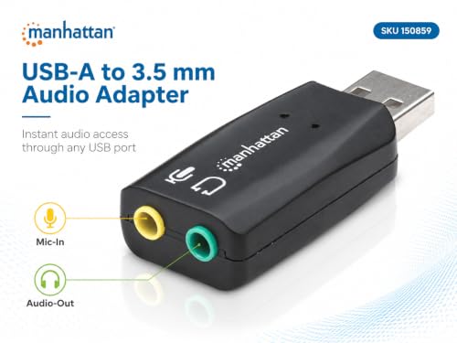 Manhattan USB Audio Adapter External Stereo Sound Card - with 3.5mm Headphone and Microphone Jack - Plug and Play, No Drivers Needed, 3D Sound - for Windows and Mac – 3 Yr Mfg Warranty – 150859 | USB sound card with mic input and speaker output, plug-and-