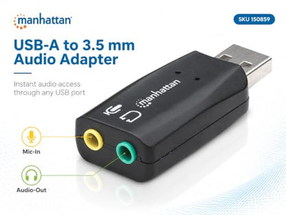 Manhattan USB Audio Adapter External Stereo Sound Card - with 3.5mm Headphone and Microphone Jack - Plug and Play, No Drivers Needed, 3D Sound - for Windows and Mac – 3 Yr Mfg Warranty – 150859 | USB sound card with mic input and speaker output, plug-and-
