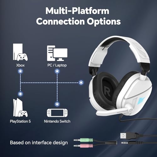 QXQ Wired Gaming Headset for PS5/PS4/PC/Switch, 3.5mm Over-Ear Headphones with Noise-Canceling Mic, RGB LED Light, Deep Bass Stereo Surround Sound, Soft Memory Foam Earpads, All-Day Comfort, White RGB - color: White