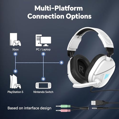 QXQ Wired Gaming Headset for PS5/PS4/PC/Switch, 3.5mm Over-Ear Headphones with Noise-Canceling Mic, RGB LED Light, Deep Bass Stereo Surround Sound, Soft Memory Foam Earpads, All-Day Comfort, White RGB - color: White