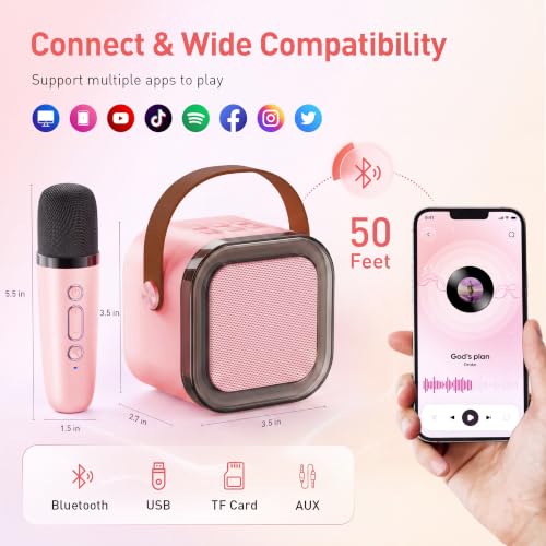 Mini Karaoke Machine for Kids Girls Boys - Birthday Gifts for Ages 4 5 6 7 8+ Year Old - Portable Bluetooth Speaker with 2 Wireless Microphone - Pink