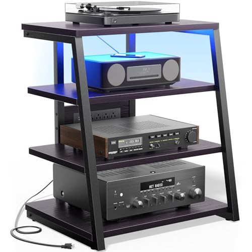 Besiost AV Media Stand with Outlets, Media Console with LED Lights, Stereo Racks and Stands with Storage Shelves, Media Audio Tower Cabinet, Black Enoby - color: Black Enoby