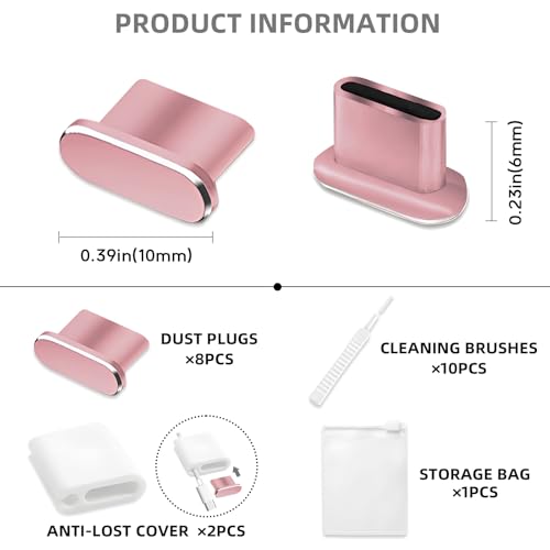 아이폰용 먼지 플러그 8개, VEINARDYL USB C 충전 포트 프로텍터 캡, 클리닝 브러시 10개, 헤드폰 잭 더스트 플러그 충전기 커버, 아이폰 15/16 플러스 프로 맥스 아이패드 10세대/에어-핑크와 호환 - color: 핑크